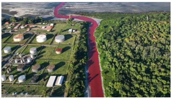 പൊടുന്നനെ ചുവന്നുകലങ്ങി സരണ്ടി നദി; ഭയാശങ്കയോടെ ജനങ്ങൾ