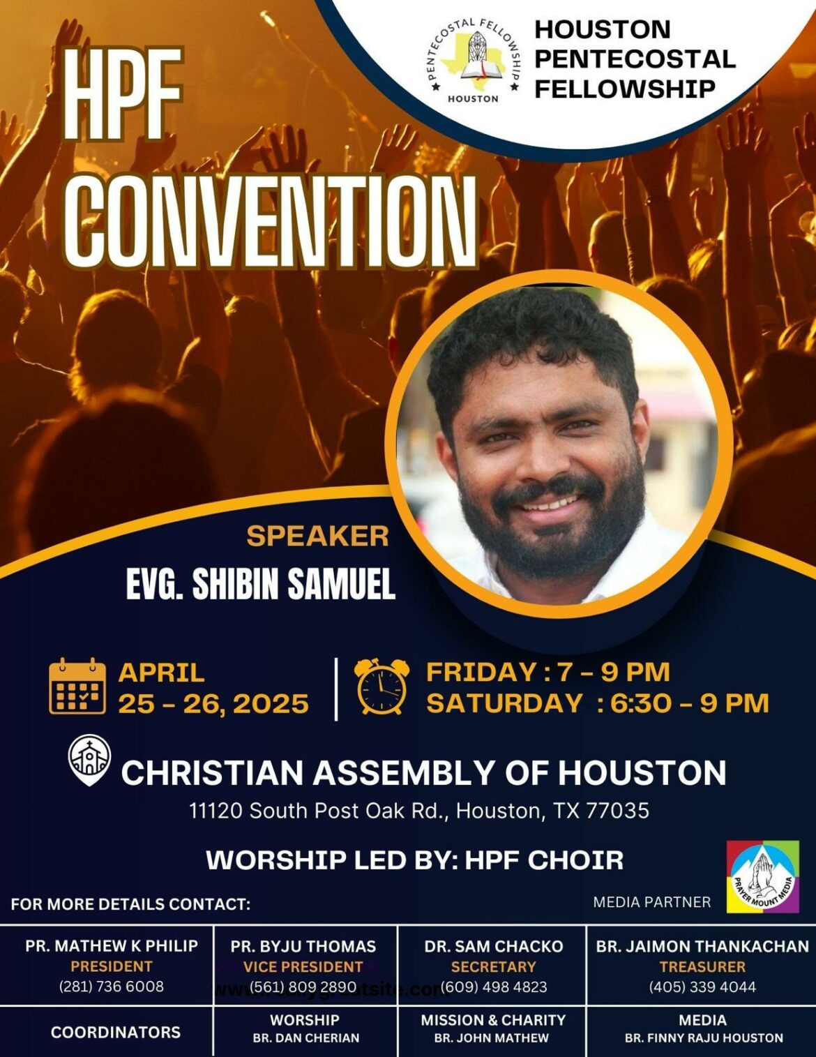 ഹൂസ്റ്റൺ പെന്തെക്കൊസ്തൽ ഫെലോഷിപ്പ് കൺവൻഷൻ ഏപ്രിൽ 25-26 തീയതികളിൽ