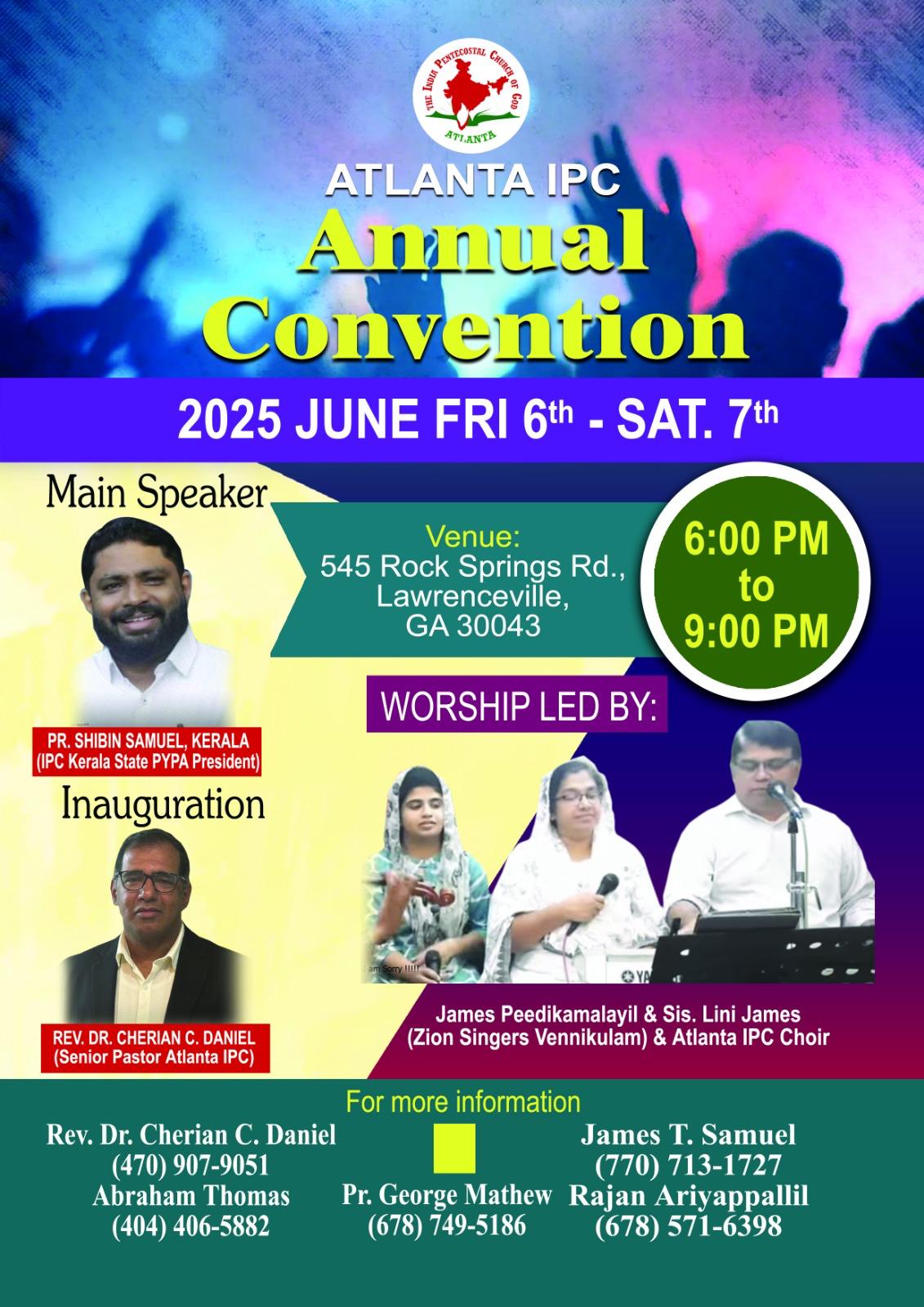 അറ്റ്ലാന്റ ഐപിസി വാർഷിക കൺവൻഷനും സംഗീത ശുശ്രൂഷയും ജൂൺ 6 മുതൽ