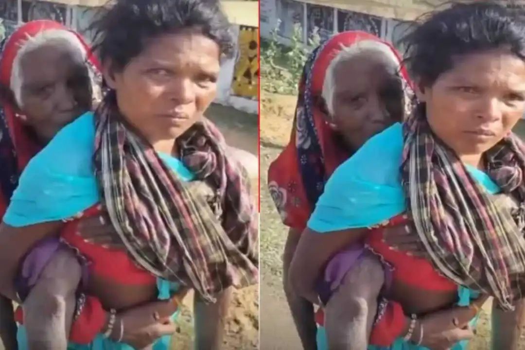 പെൻഷൻ കിട്ടുന്നില്ല, 90 വയസുള്ള അമ്മായിയമ്മയെ തോളിലേറ്റി കിലോമീറ്ററോളം നടന്ന് ബാങ്കിലെത്തി യുവതി