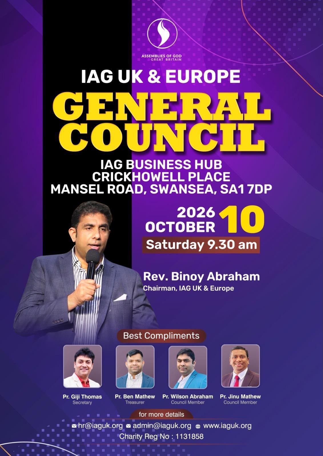 അസംബ്ലീസ് ഓഫ് ഗോഡ്, ഐഎജി യുകെ & യൂറോപ്പ് ജനറൽ കൗൺസിൽ ഒക്ടോബർ 10ന്